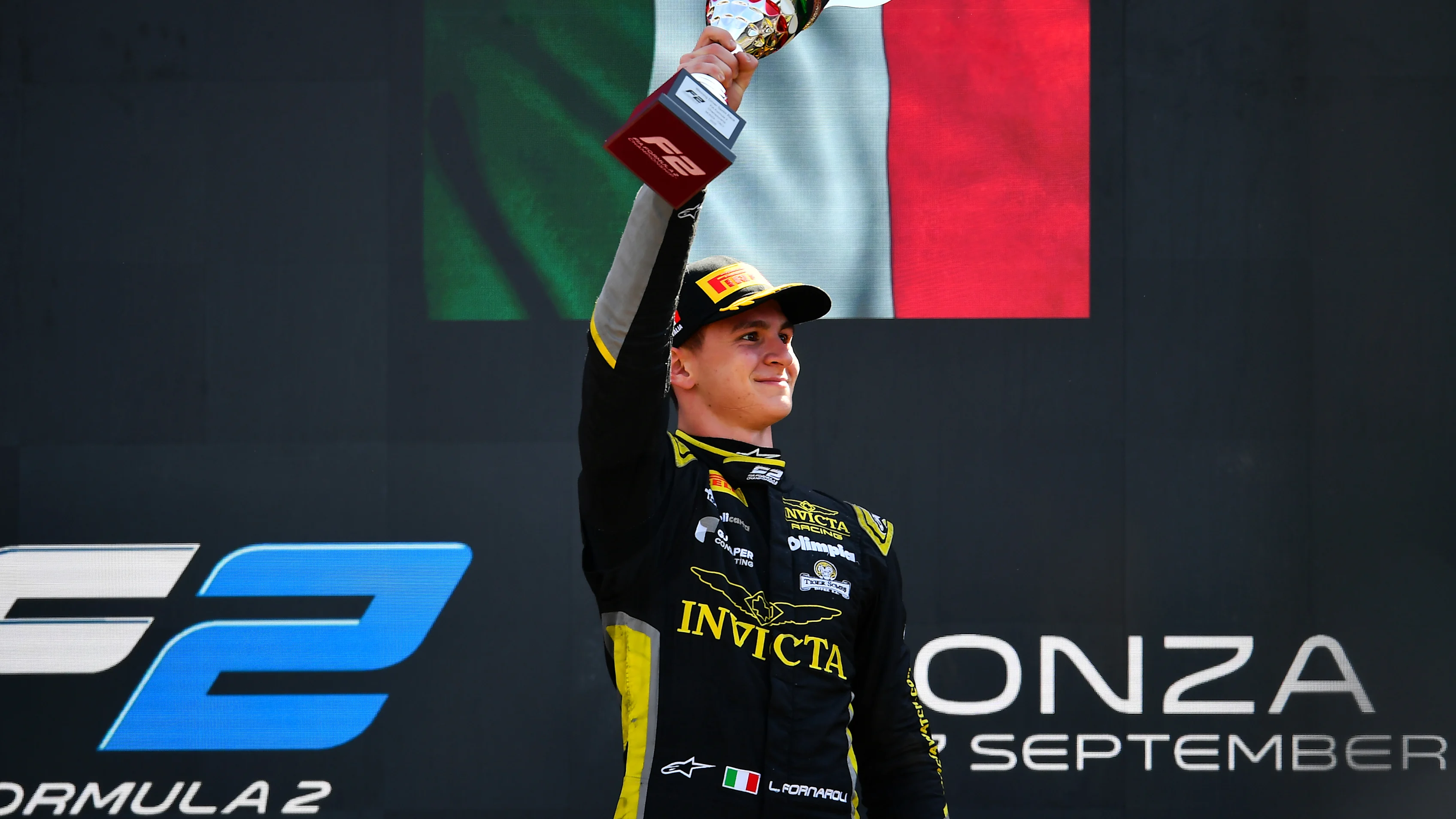 MONZA, ITALY - SEPTEMBER 06: Race winner Leonardo Fornaroli of Italy and Invicta Racing (1) lifts
